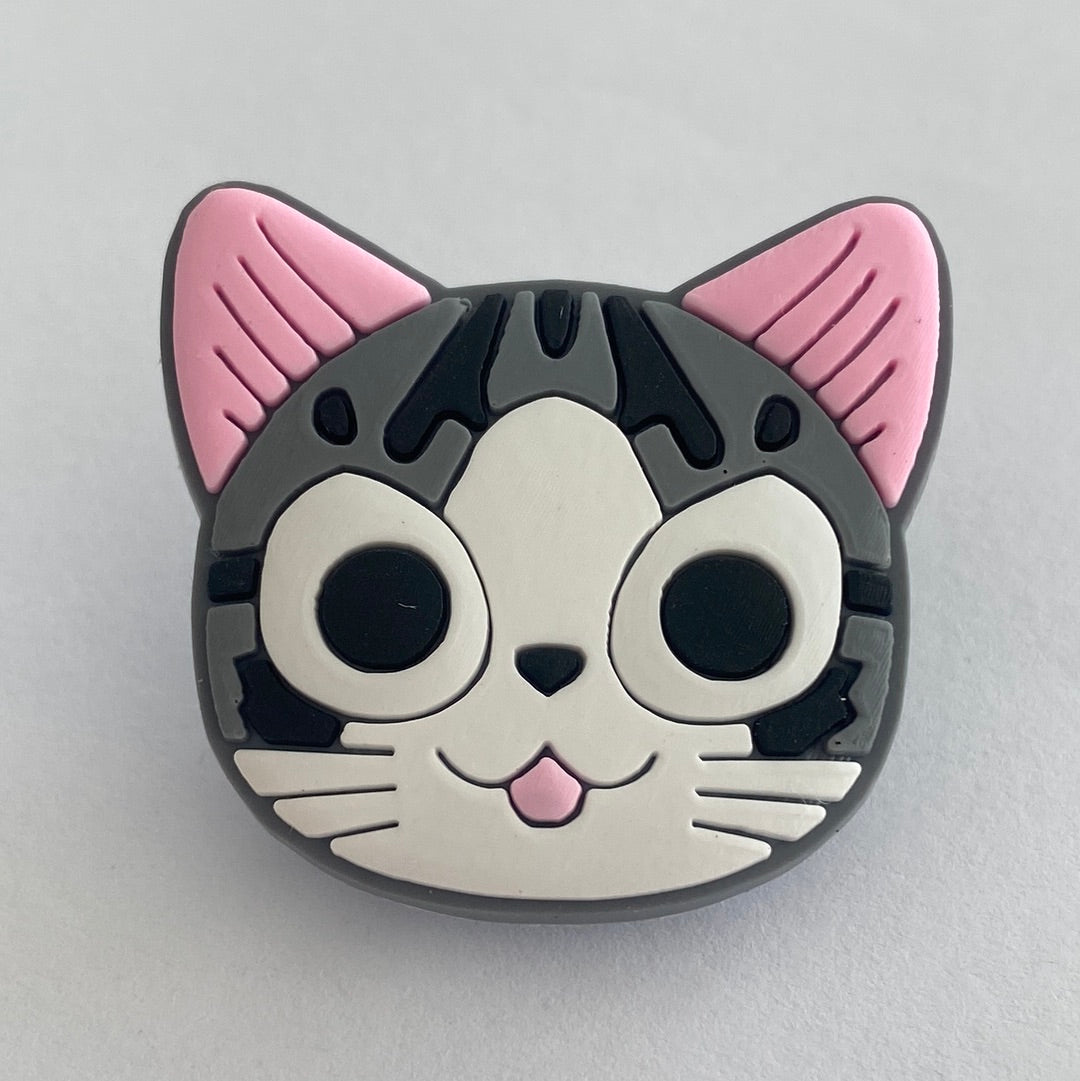 Grey and White Cat Face with Pink Ears